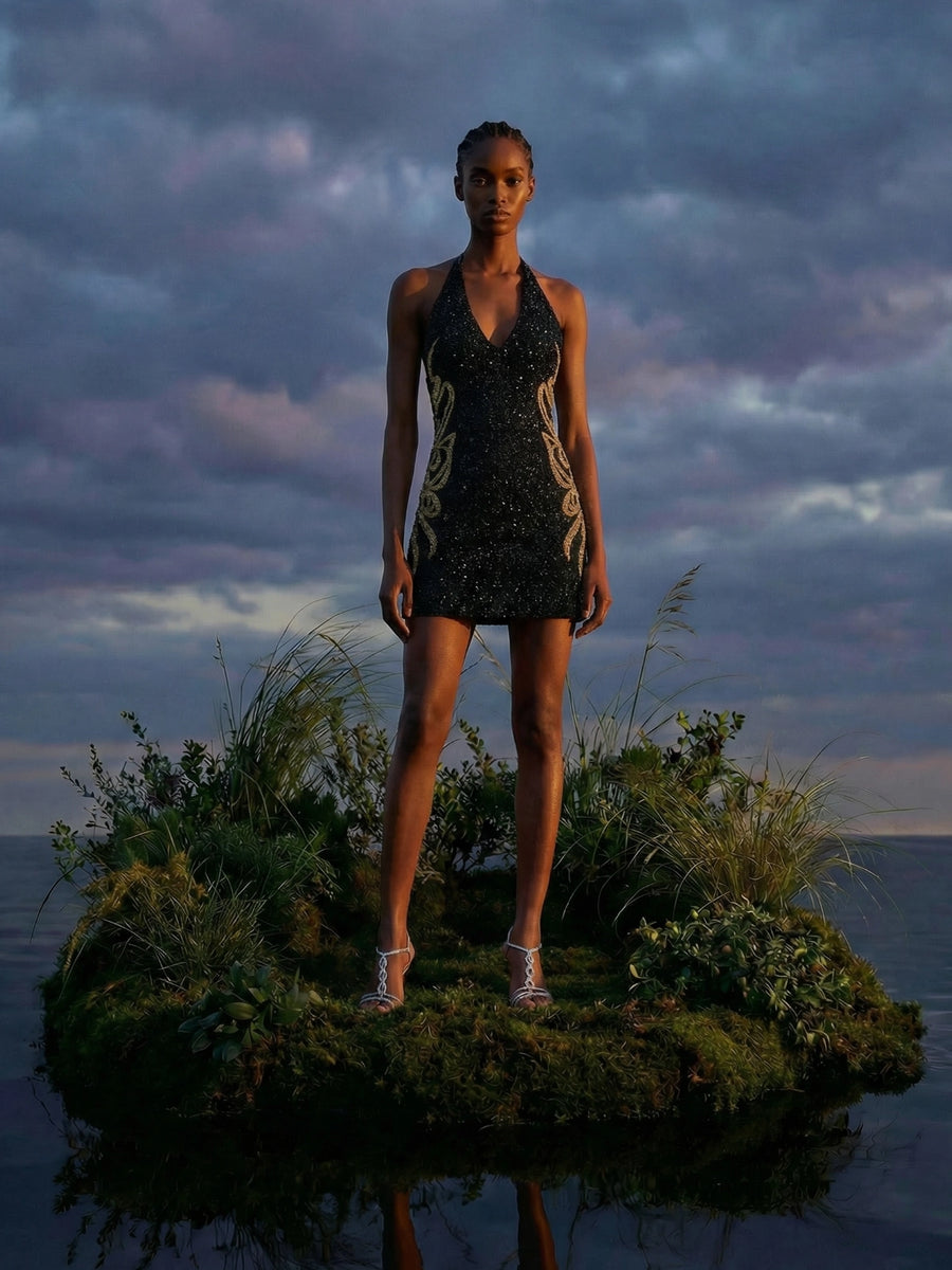 Aurelia Noir Halter Neck Mini Dress