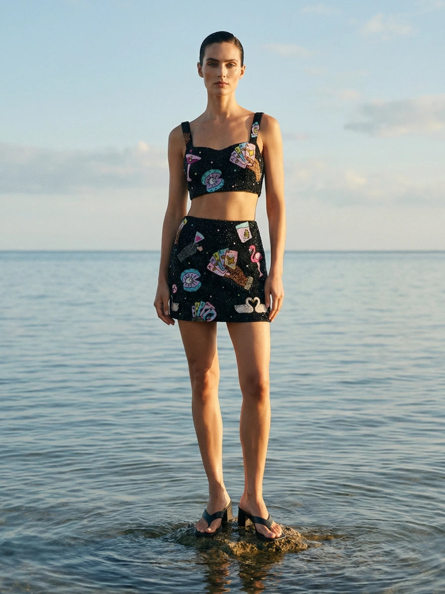 Vegas Beaded Mini Black Party Beach Co-ord Skirt