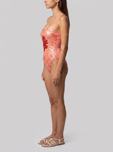 Orange Coral Hand-Beaded Strapless Swimsuit