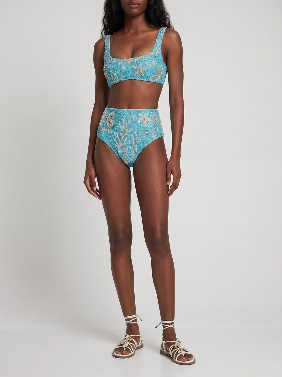 Ocean Starfish Hand-Beaded Bikini Aqua Blue