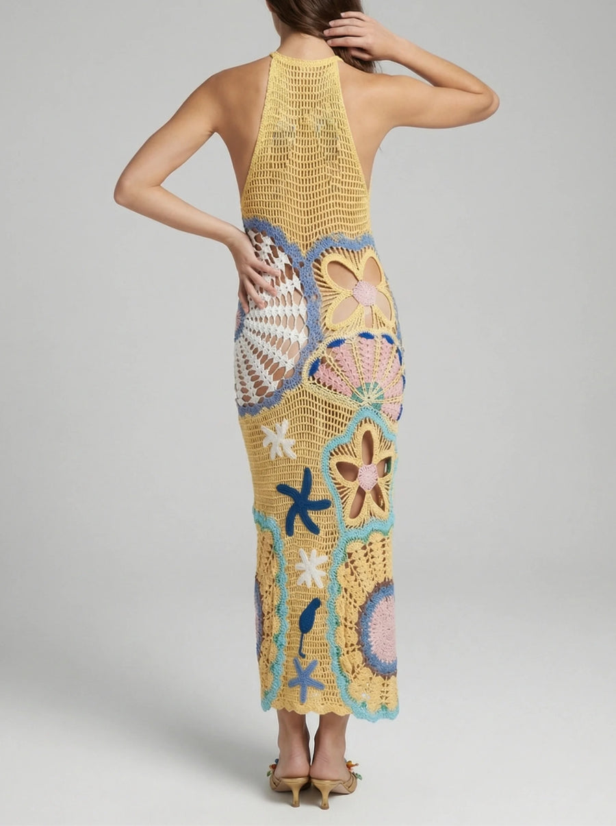 Pearl Halter Crochet Maxi Dress Multi Coloured
