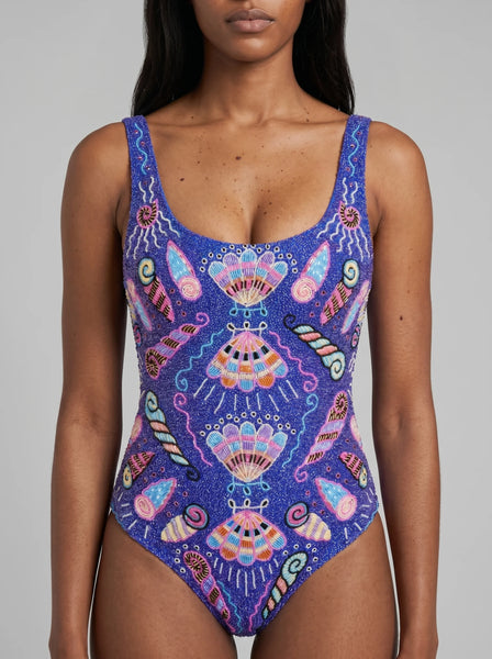 Oceanus x Zandra Rhodes Dream Shell Hand Beaded Swimsuit Purple