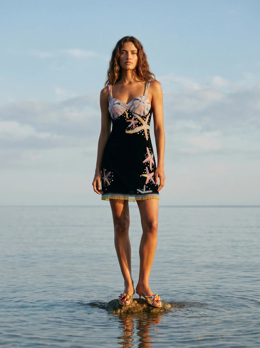 Tasseled Crescent Shell Mini Dress - Black