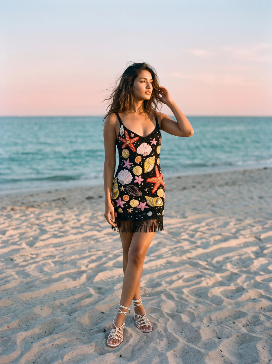 Siren Shores Black Tasseled Hand Beaded Mini Dress