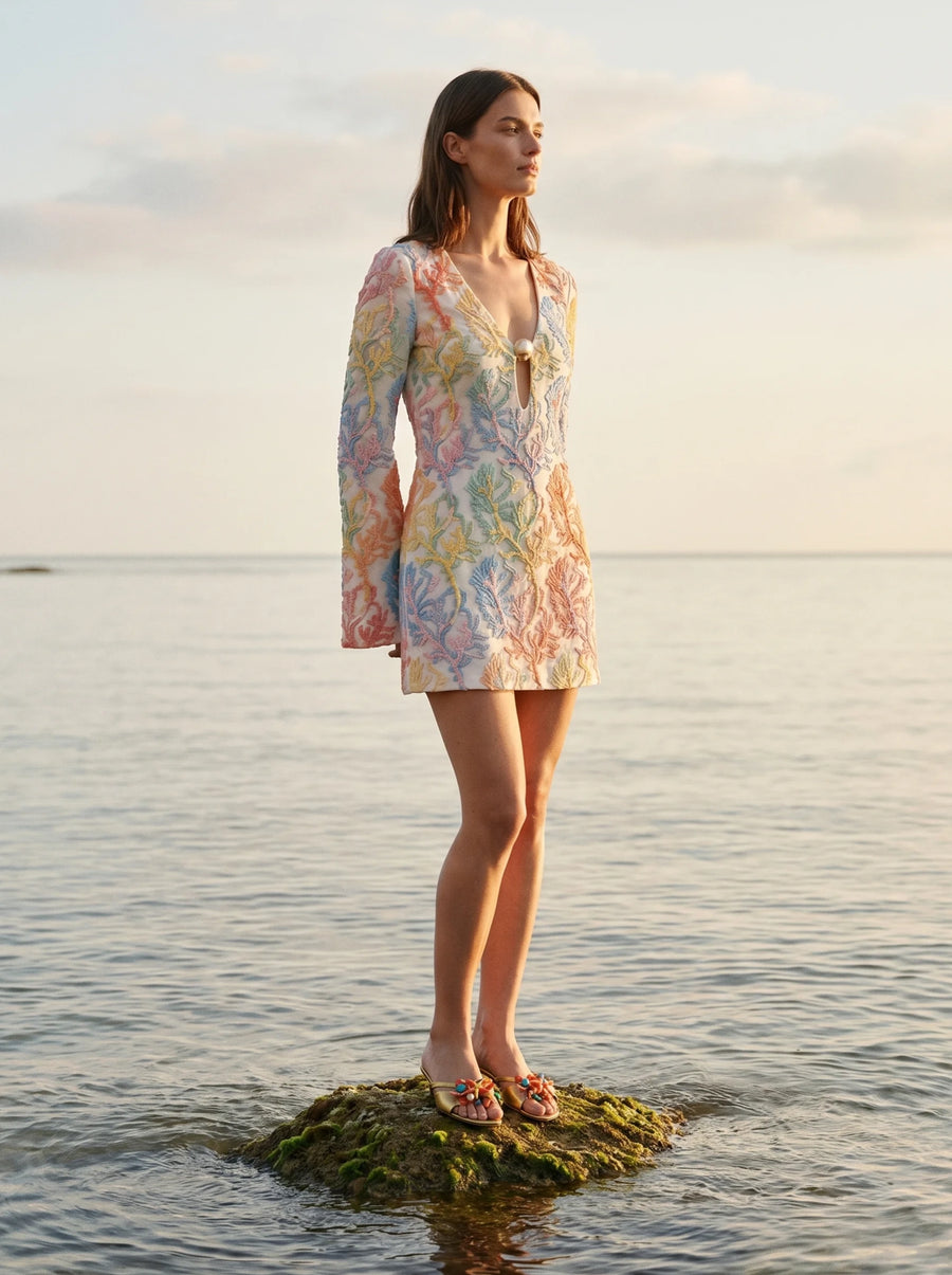 Serena Coral Colorful White Sleeve Hand Beaded Mini Dress