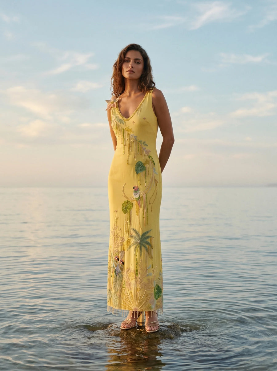 Tropical Flower Yellow Maxi Dress