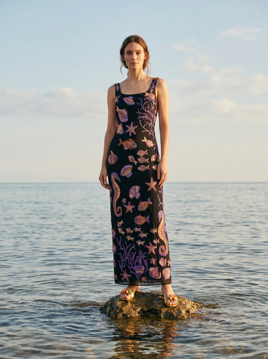 Coraline Black Purple Maxi Dress