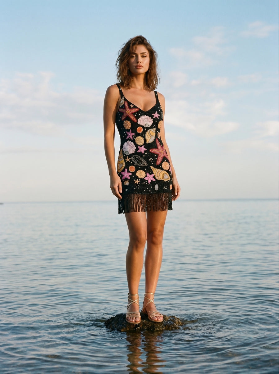 Tasseled Starfish Black Mini Dress
