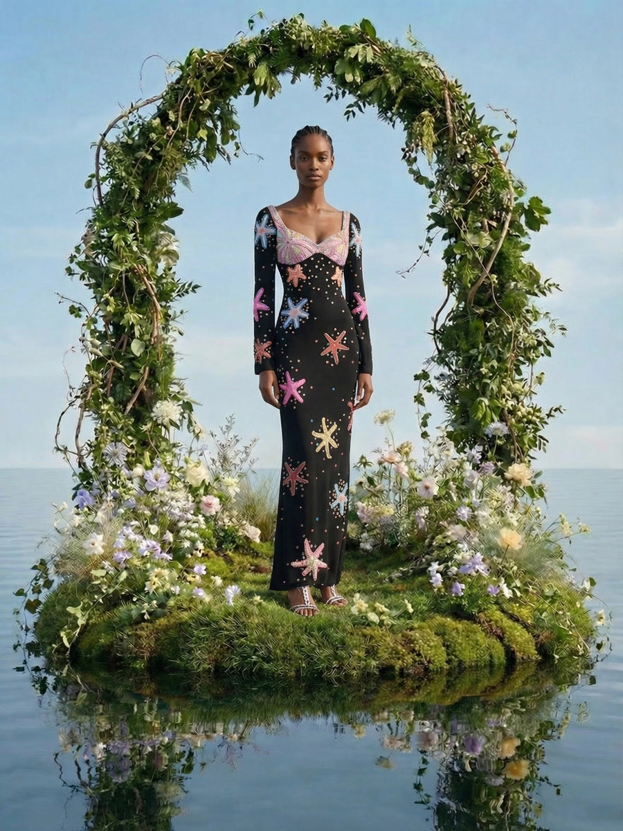 Crescent Shell Bell Sleeve Dress in Black