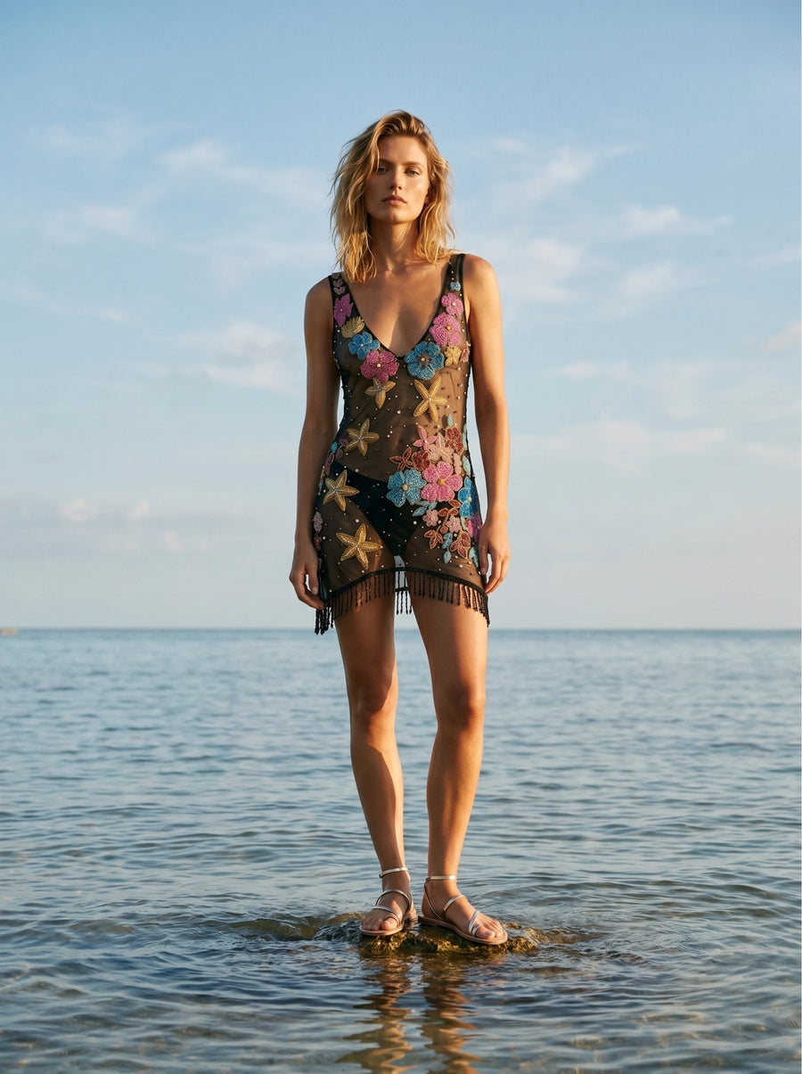 Flower Starfish Tasseled Black Sheer Mini Dress