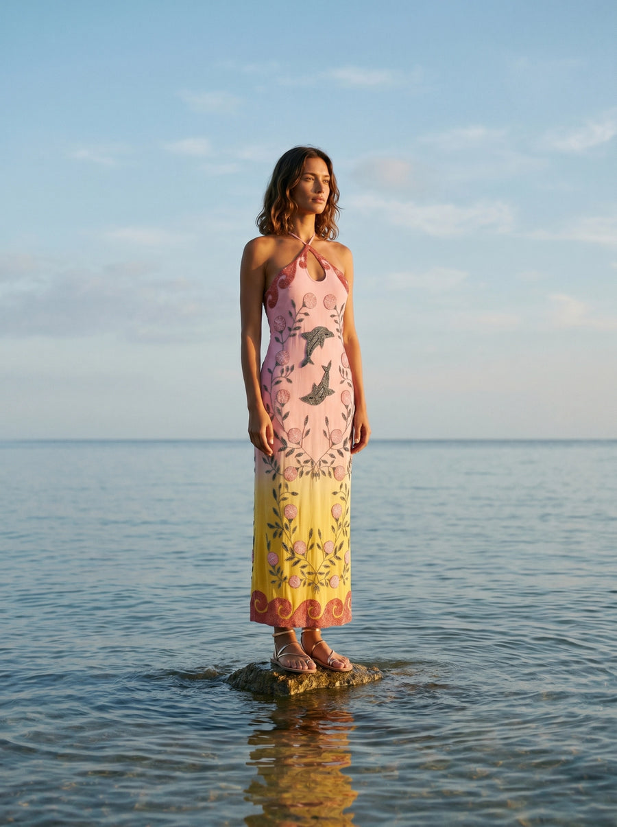 Dolphin Sunset Ombré Hand Beaded Maxi Dress