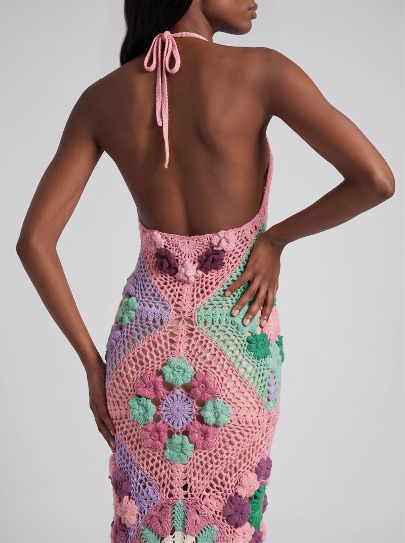 Rowan Halter Maxi Crochet Pink Dress