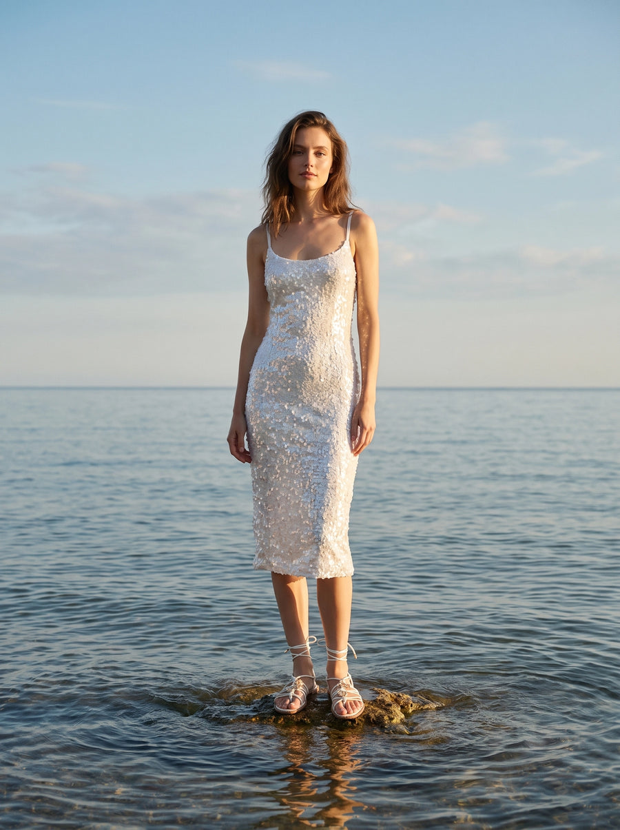Sienna White Sequin Luxury Midi Dress