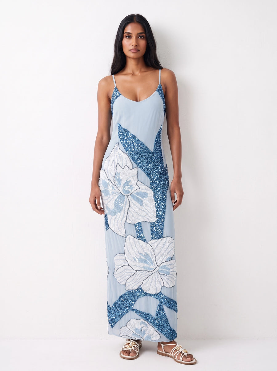 Delilah Beaded Dress Blue Oceanus x By Poppy in Stock