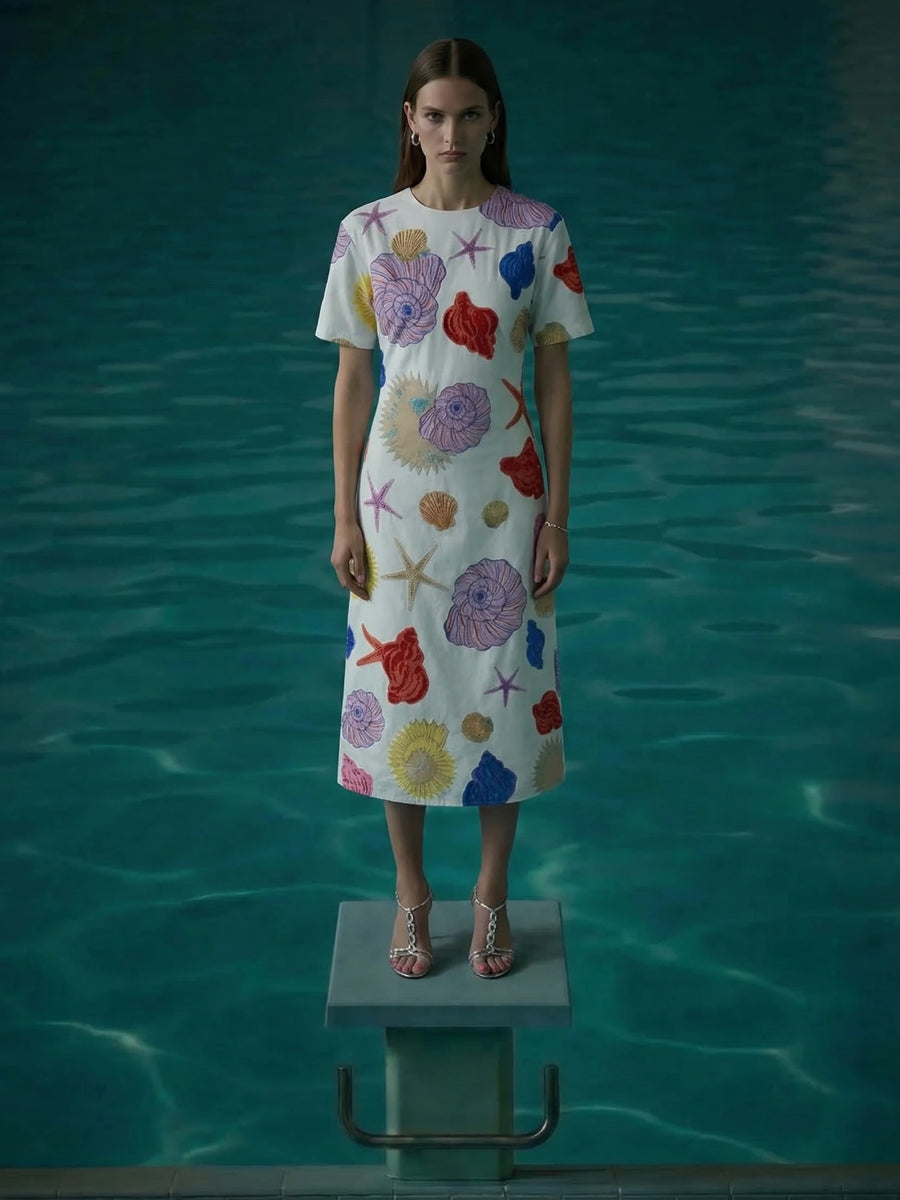 Oceanus Floral Print White Long Dress