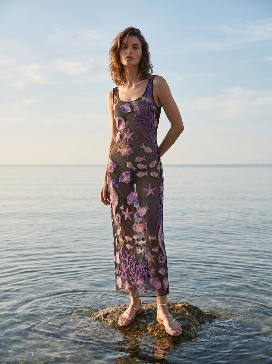Coraline Black Purple Sheer Maxi Dress