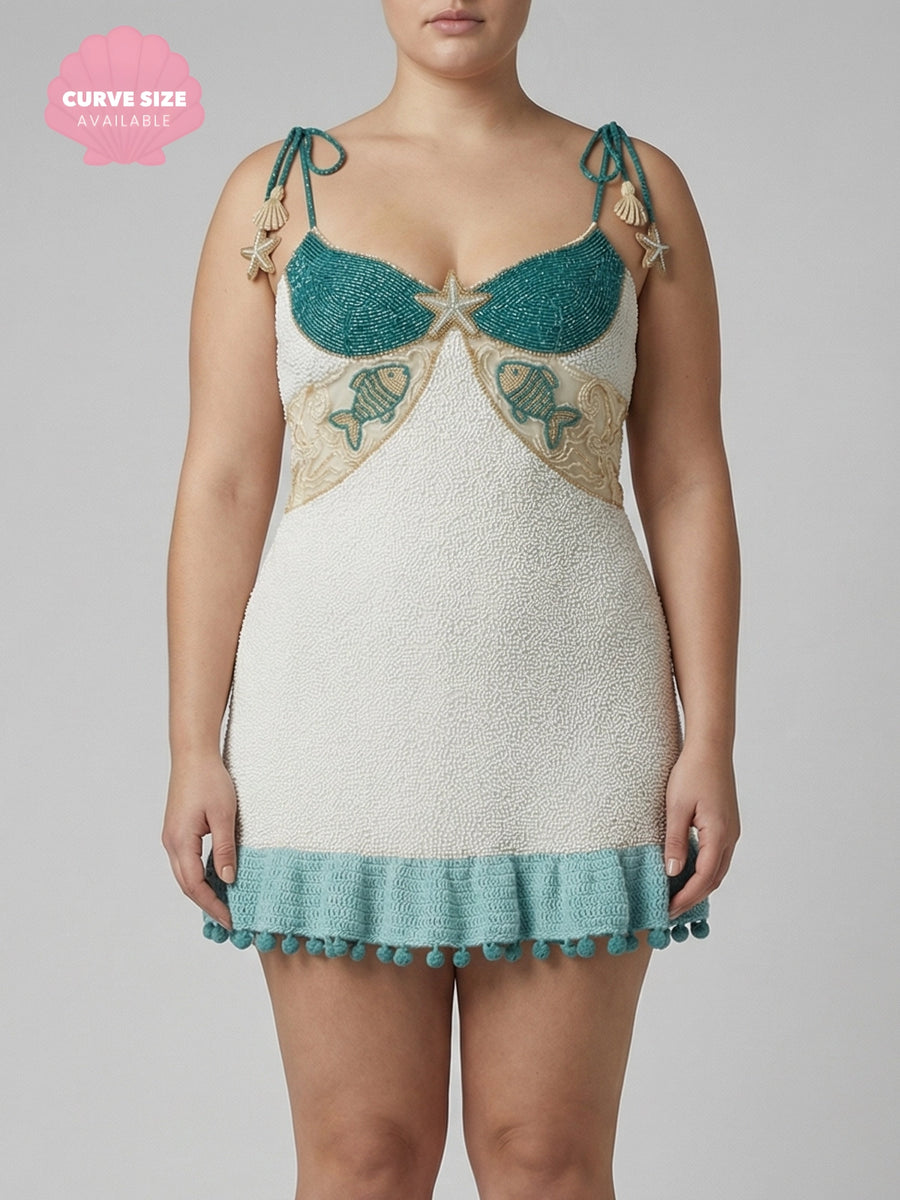 White Green Starfish Beaded Mini Dress