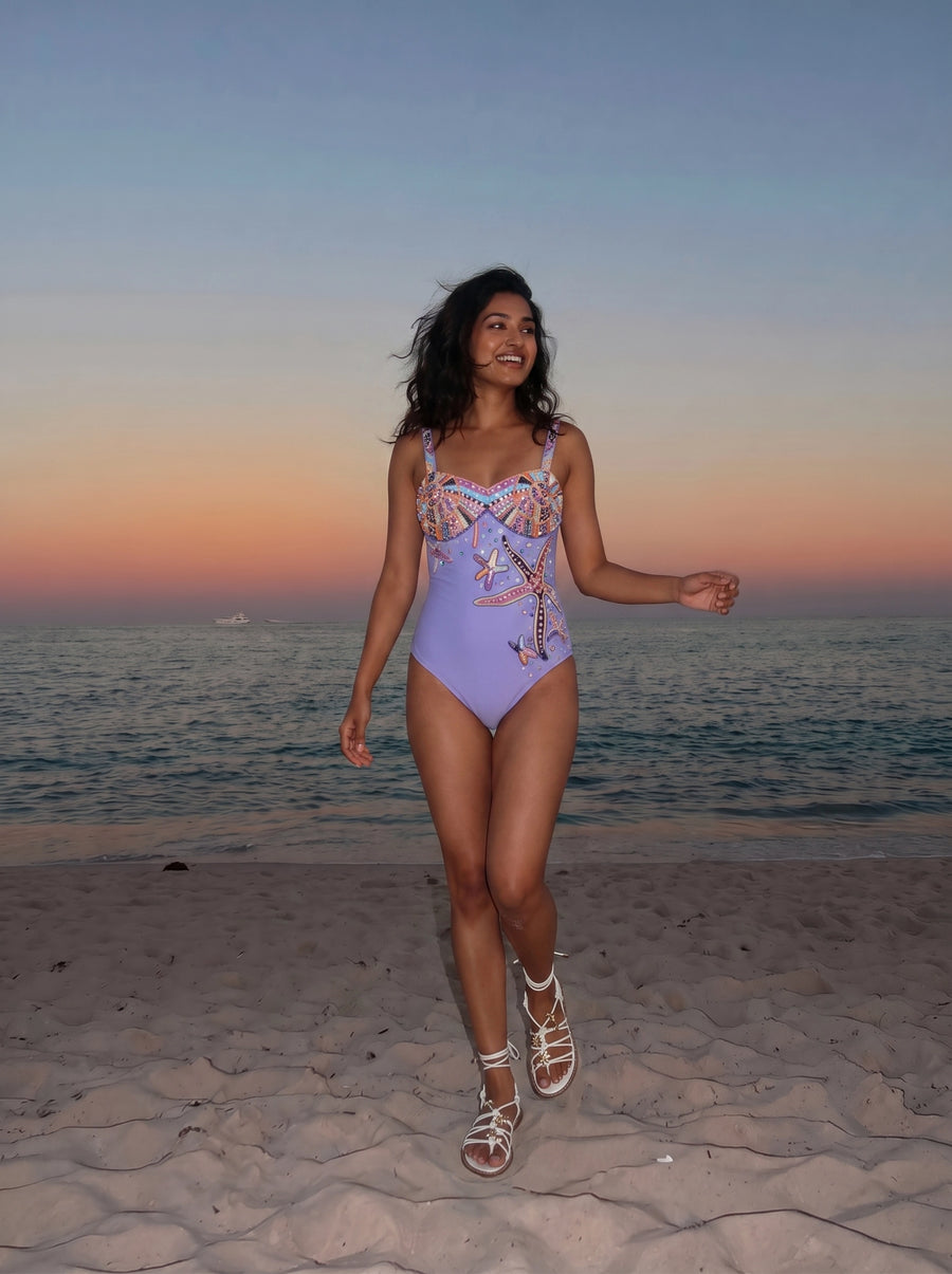Selene Sea Shell Hand-Beaded Swimsuit Purple