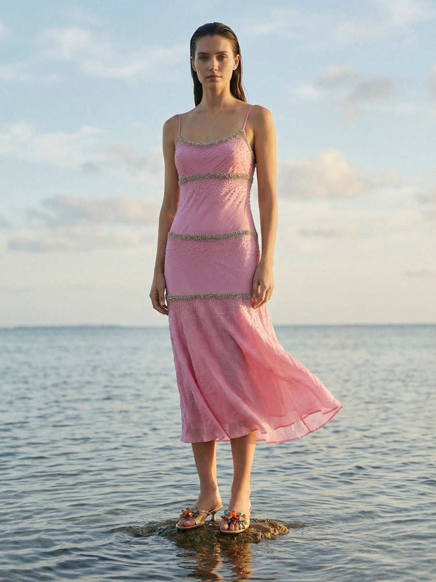 Rose Crystal Beaded Midi Dress