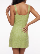 Coastal Hand Beaded Embroidery Mini Dress Green