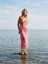 Red Pink Flower Pearl Long Dress