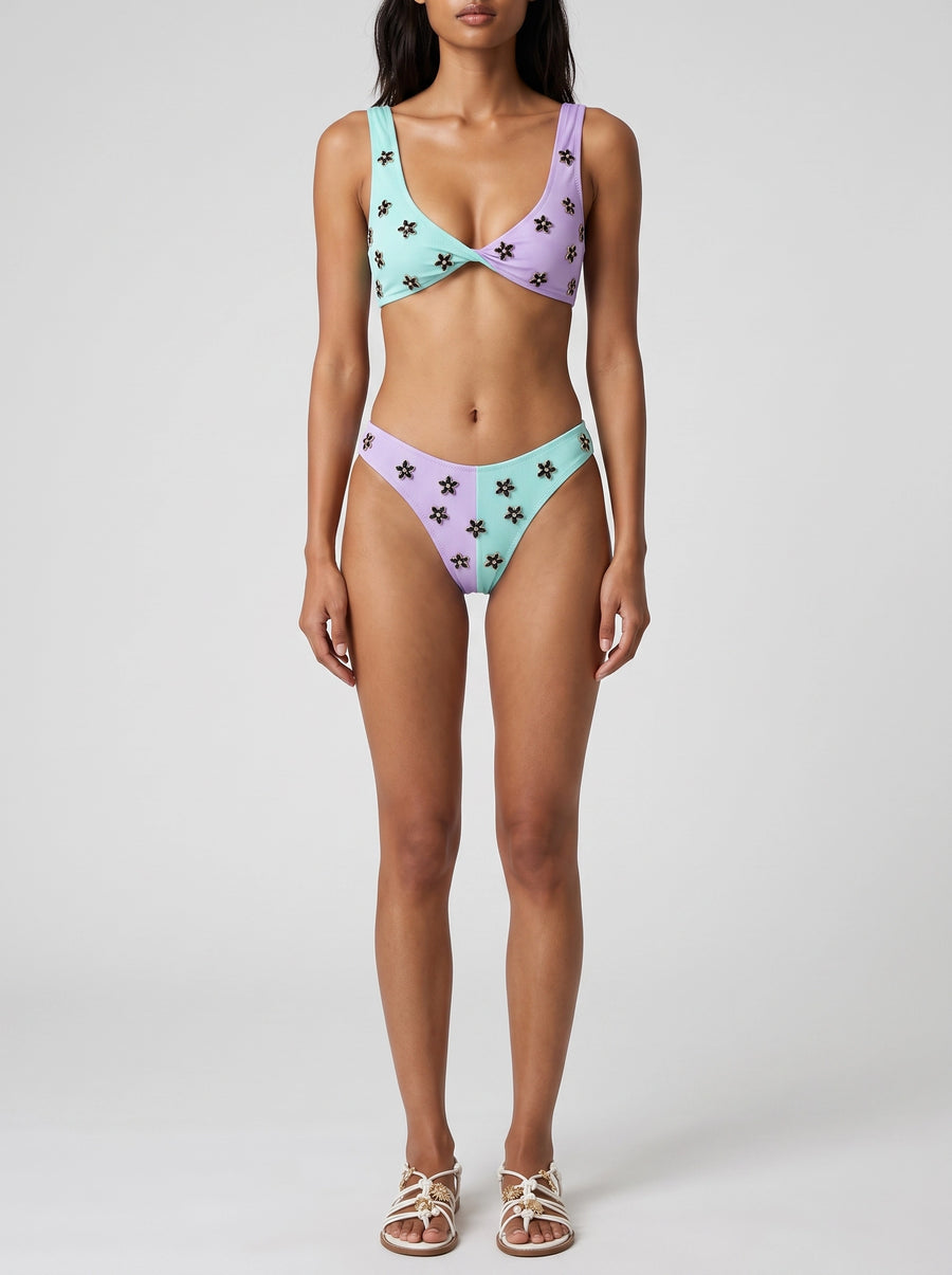 Luna Two-Tone Floral Embellished Bikini Bottom