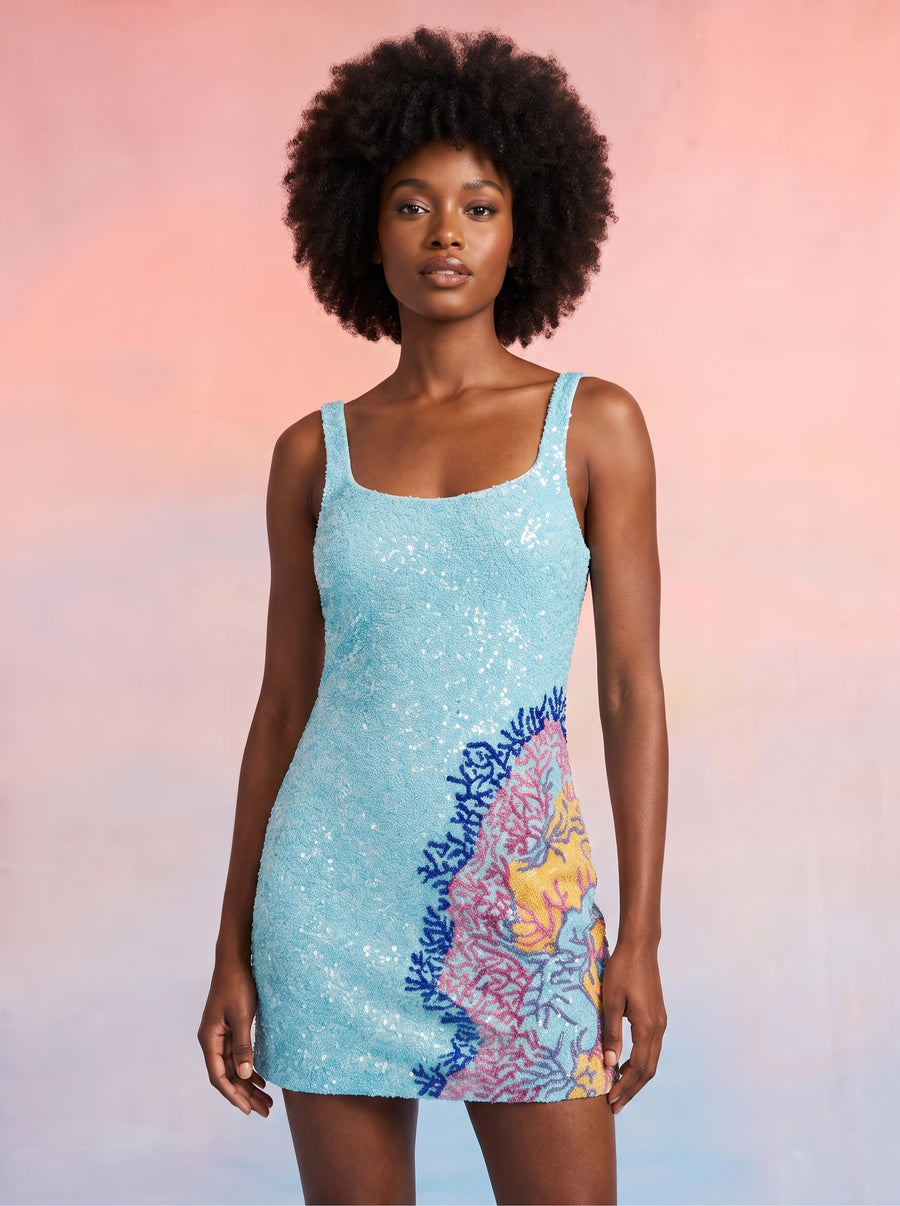 Adeline Coral Hand Beaded Blue Mini Dress