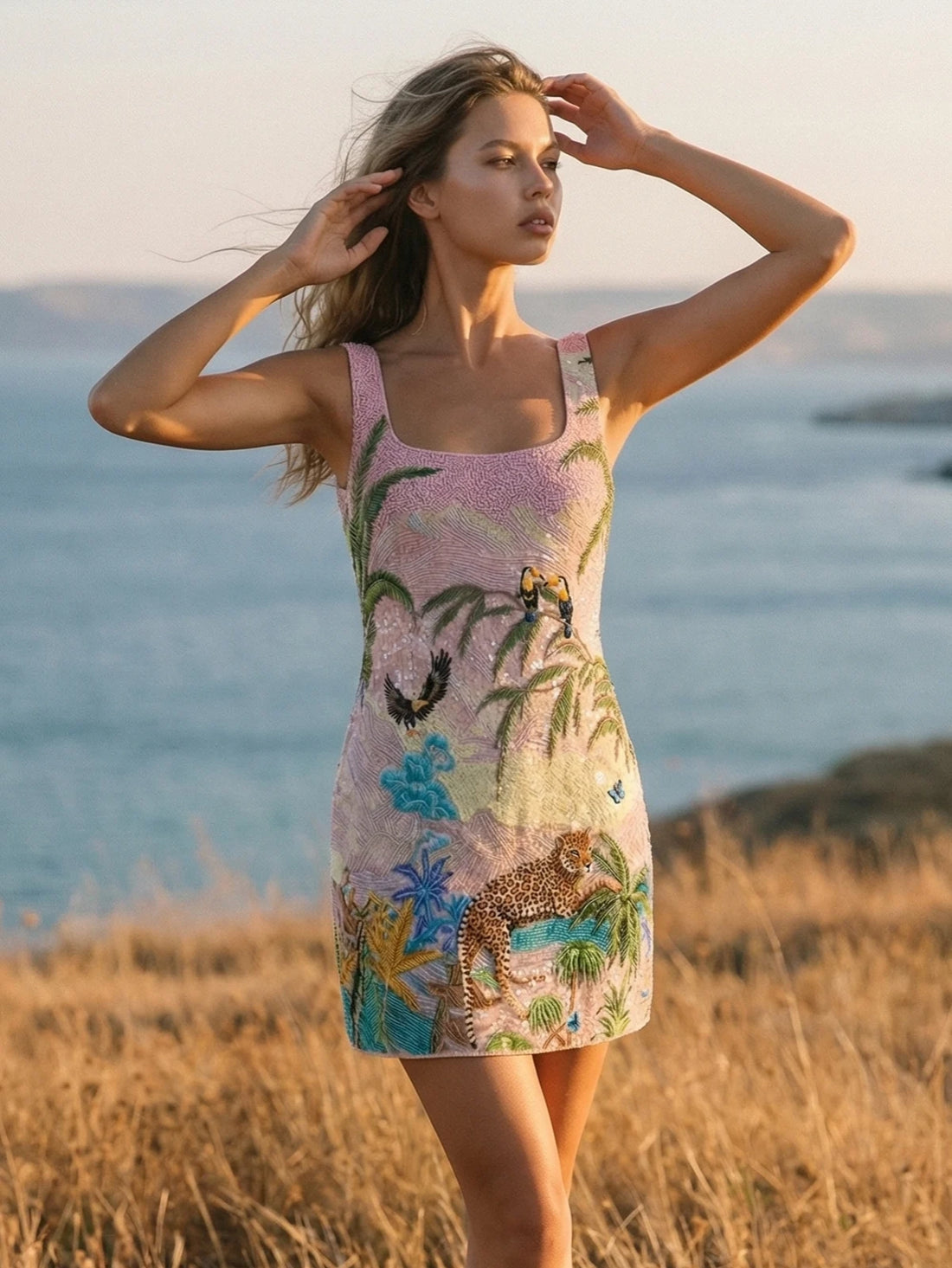 Paradise Safari Beaded Mini Dress – Pink