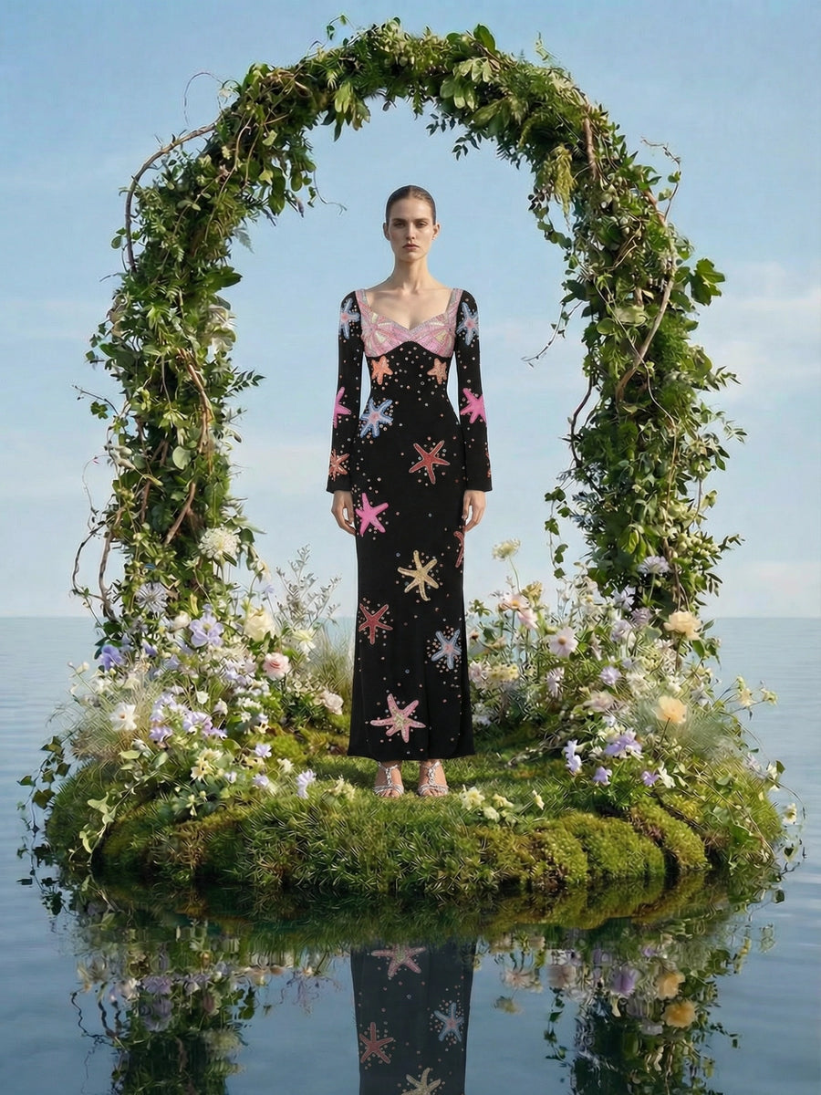 Crescent Shell Bell Sleeve Dress in Black