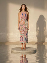 Pearl Halter Crochet Maxi Dress Multi Coloured