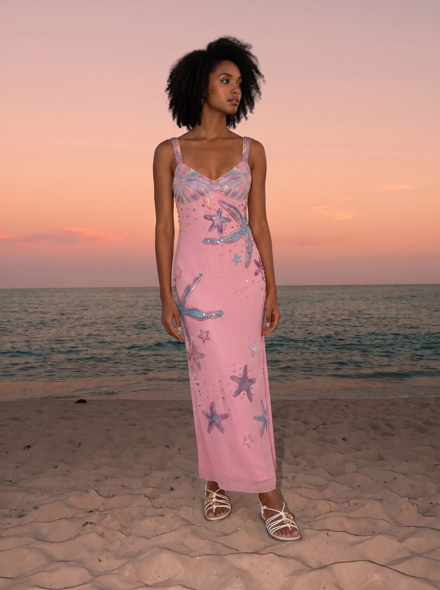 Crescent Shell Hand-Beaded Pink Long Dress in Stock