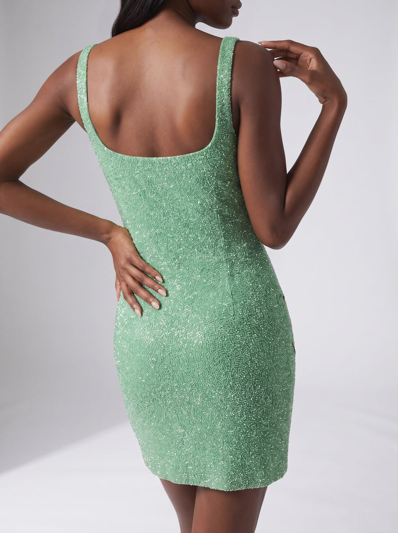 St. Barth Hand-Beaded Crystal Green Mini Dress in Stock