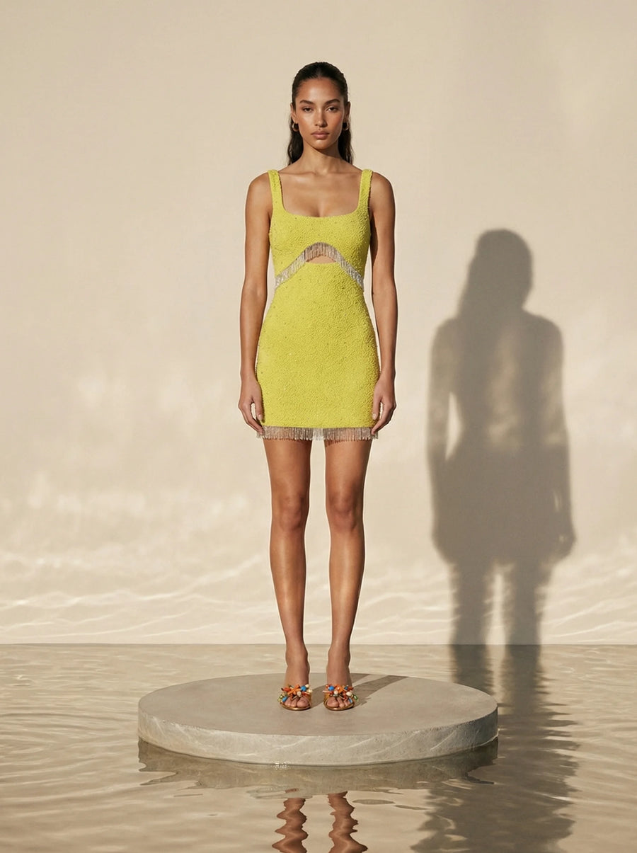 Posy Yellow Beaded Mini Dress