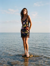 Siren Shores Black Tasseled Hand Beaded Mini Dress