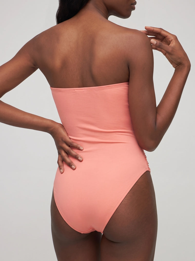 Orange Coral Hand-Embroidered Sequin Strapless Swimsuit