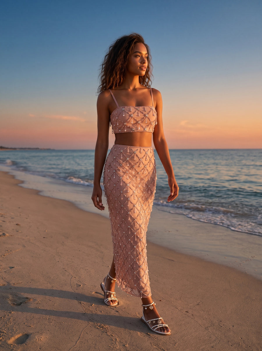 Calliope Nude Luxury Embroidered Crystal Co-Ord