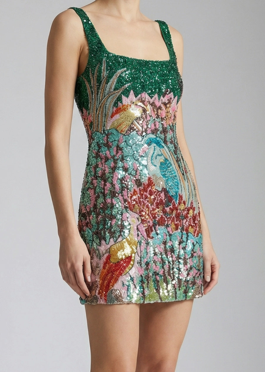 Multicolored sequin dress with floral and bird design on a gray background