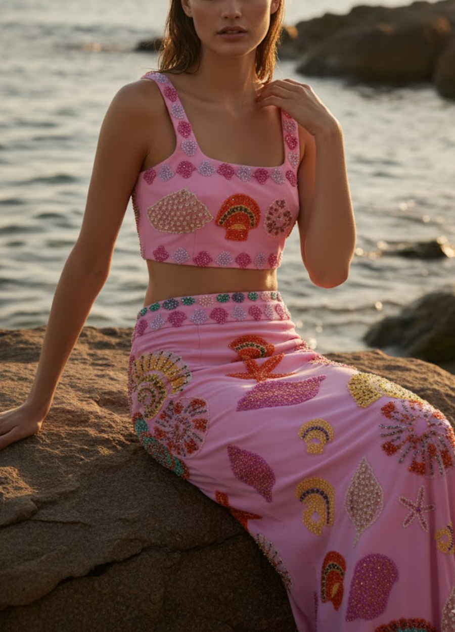 New York Shell Hand-Embroidered Top Pink