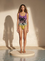 Palm Dusk Scoop Swimsuit Black Palm Tree - Purple Ombre in Stock