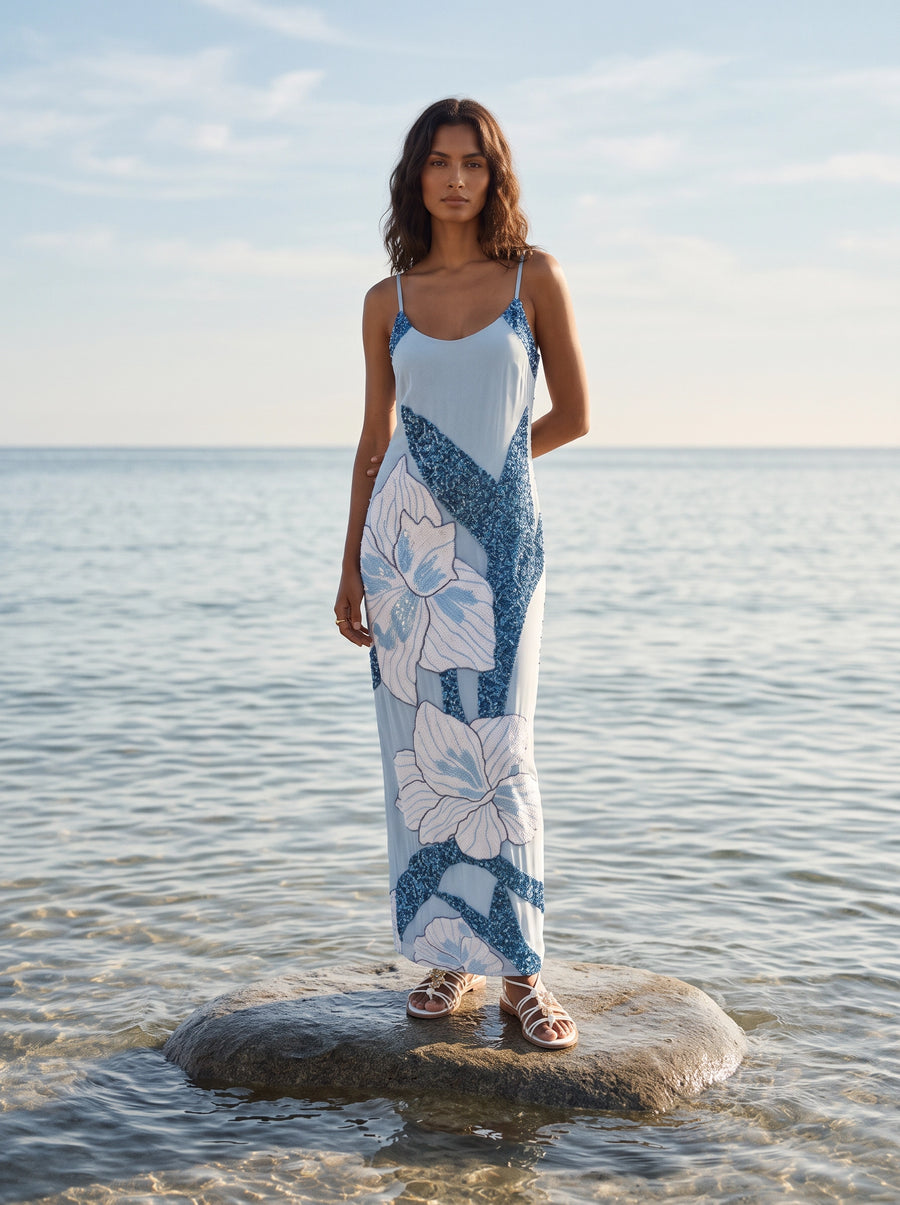 Delilah Beaded Dress Blue Oceanus x By Poppy in Stock
