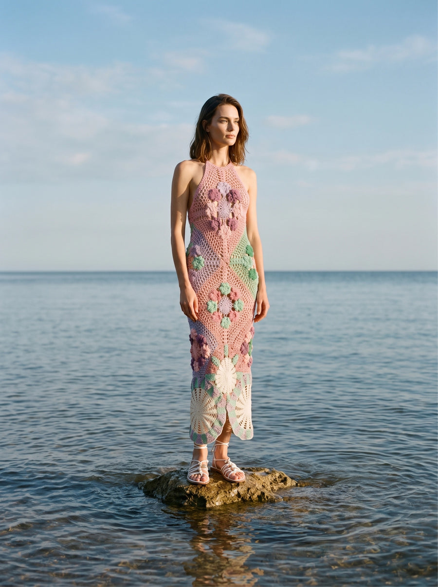 Rowan Halter Maxi Crochet Pink Dress