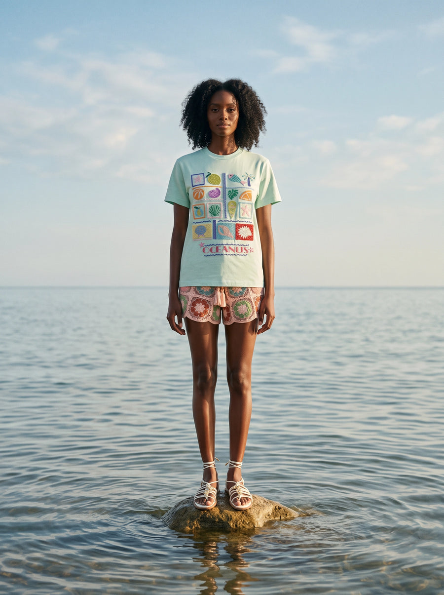 Green Mint Plage Tee Beaded T-shirt