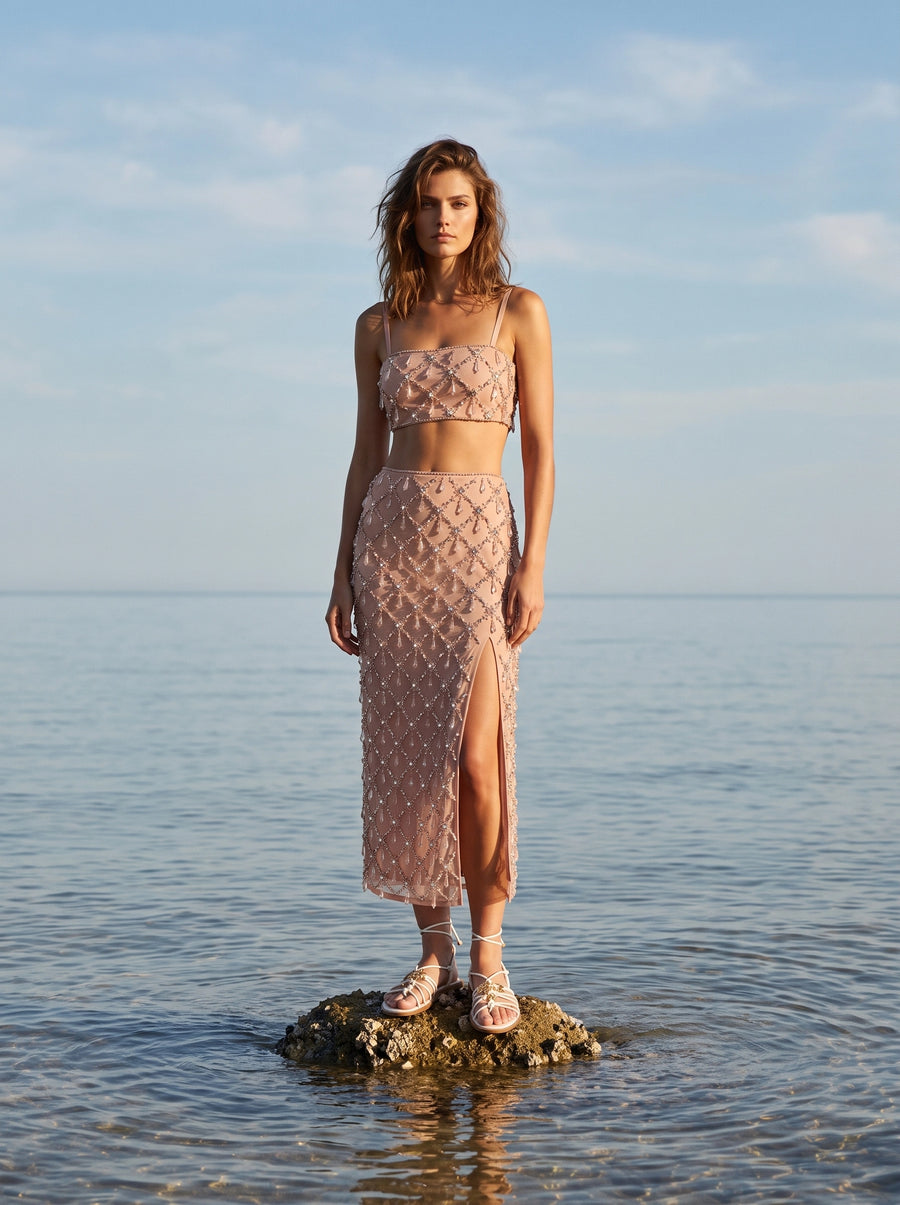 Calliope Luxury Crystal Co-Ord Skirt Nude
