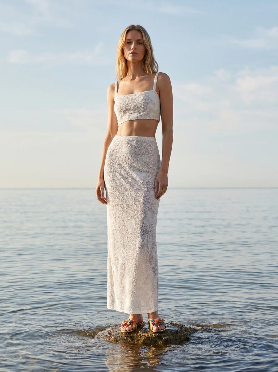 Hazel Beaded Powermesh Jellyfish Maxi Skirt- White