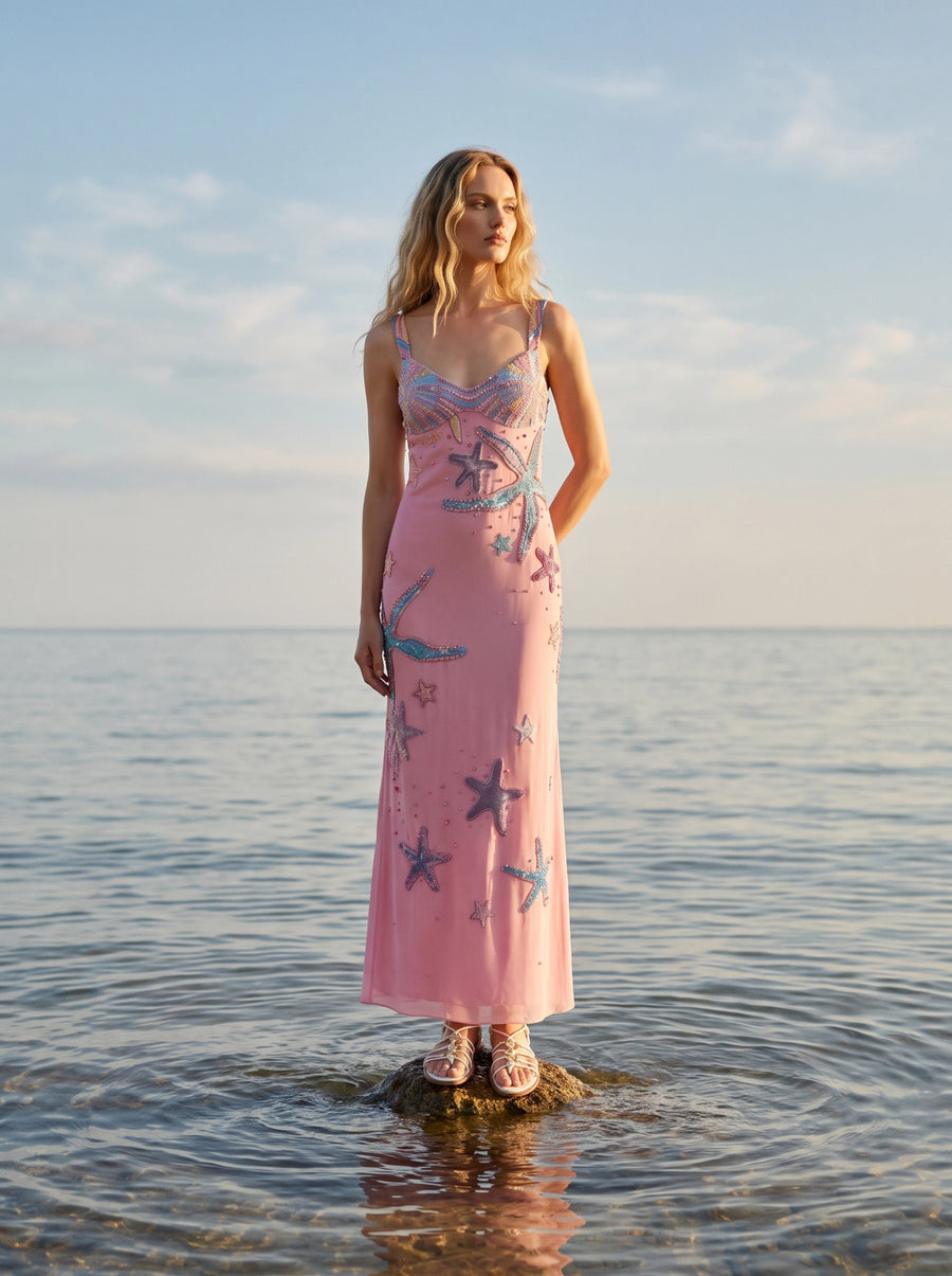 Crescent Shell Hand-Beaded Pink Long Dress in Stock