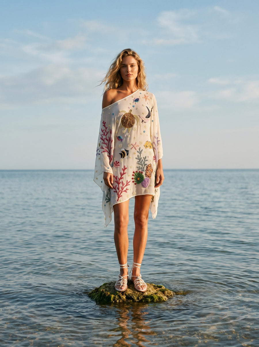 Sea Fantasy Pastel Multi Color Embroidered Kaftan
