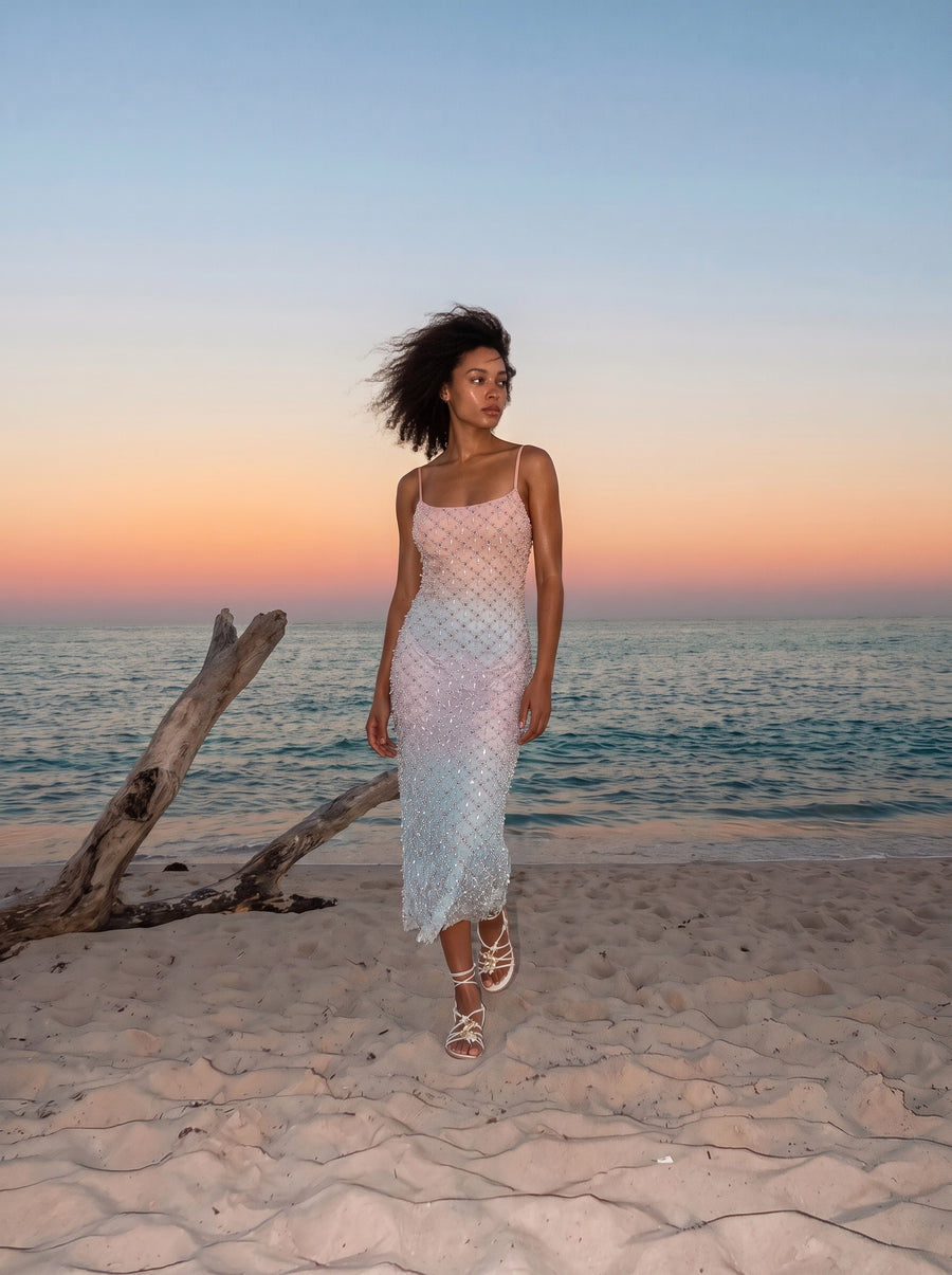 Calliope Luxury Hand Embroidered Crystal Pink Blue Ombre Maxi Party Dress