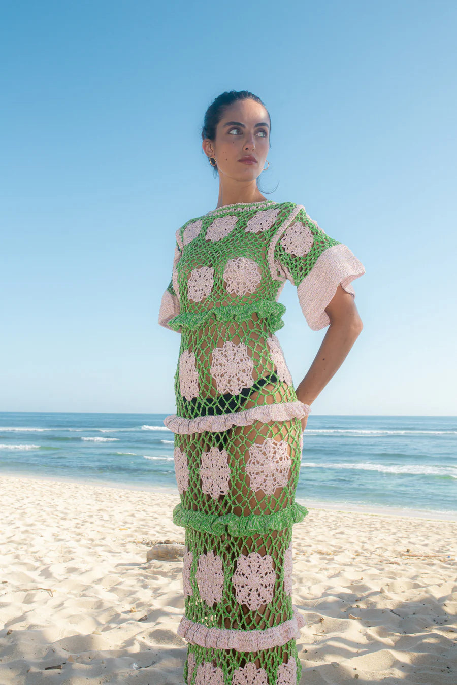 Shop Elle Crochet Green/Pink Dress - Oceanus XS Shop Elle Crochet Green/Pink Dress - Oceanus XS