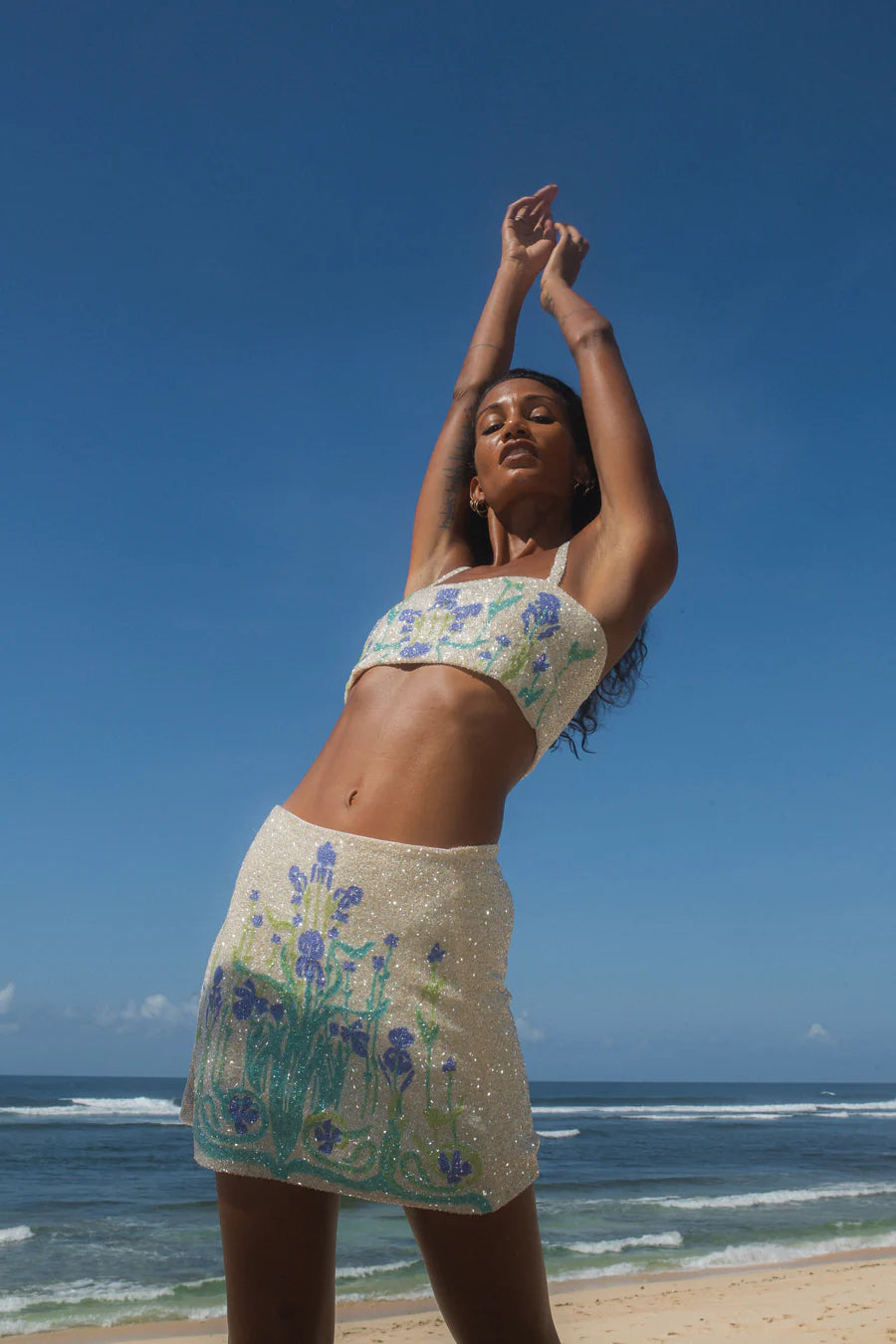 Women in Santa Monica Hand-Embroidered Co-Ord Top in sea shore