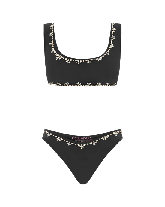 Aaliyah Hand Beaded Crystals Black Bikini  - Pack Shot | Oceanus Swimwear